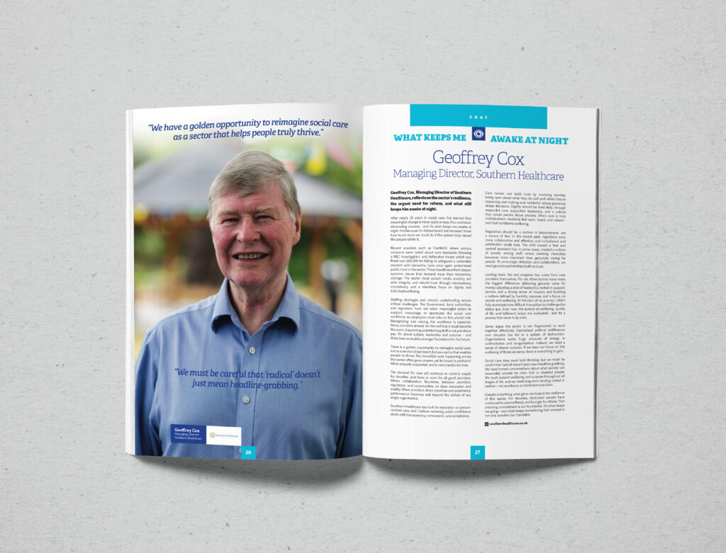 Care Talk magazine spread showing the feature with Geoffrey Cox, Southern Healthcare's managing director.