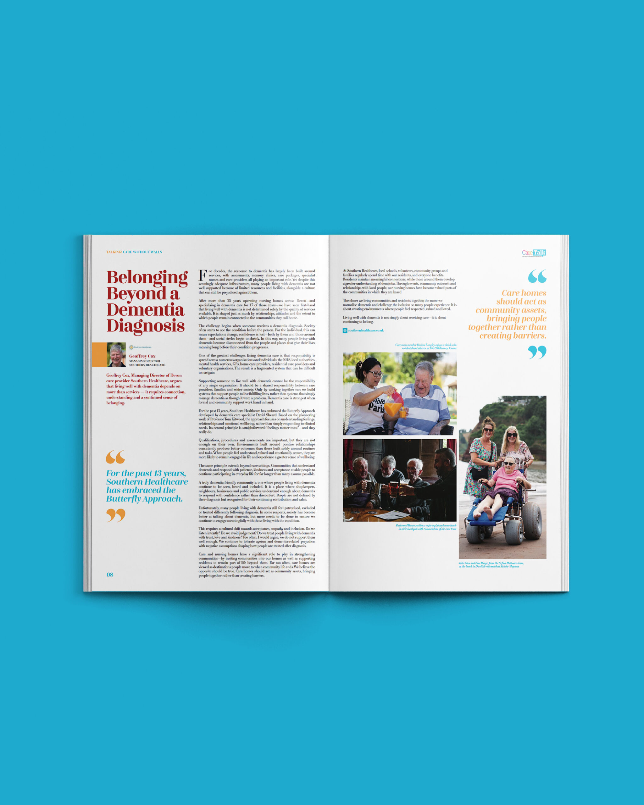 A mock up of the Care Talk Magazine article Belonging Beyond a Dementia Diagnosis by Geoffrey Cox from Southern Healthcare care group