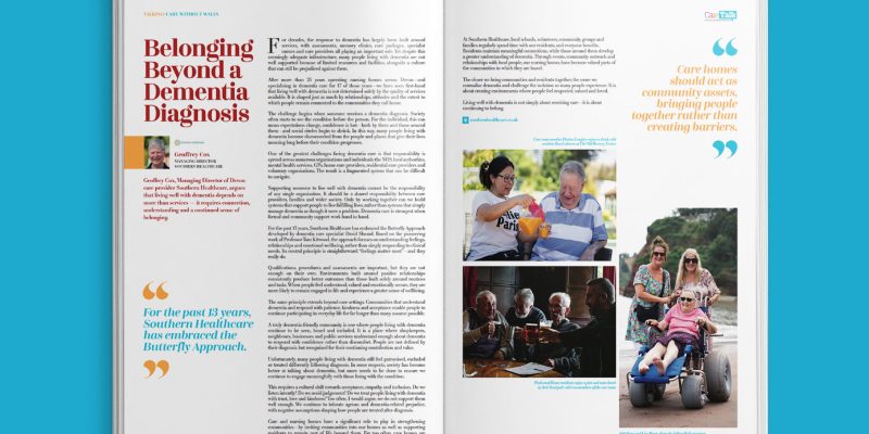 A mock up of the Care Talk Magazine article Belonging Beyond a Dementia Diagnosis by Geoffrey Cox from Southern Healthcare care group