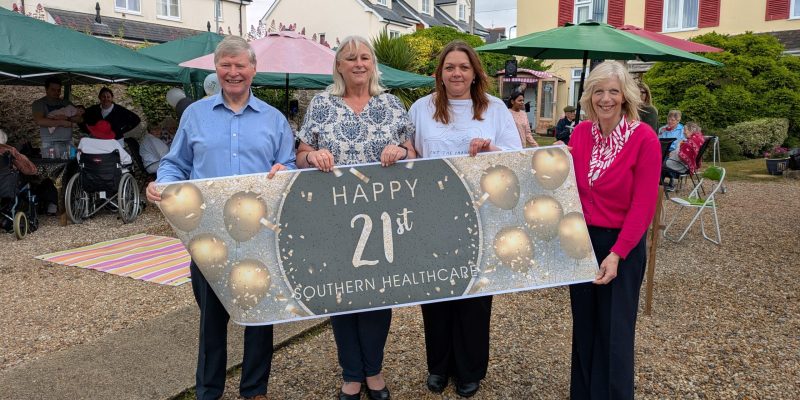 Southern Healthcare's Geoffrey Cox, Emma Seal, Kelly Boweren, and Margot Whittaker at The Seaton care home's 21st anniversary celebration.2